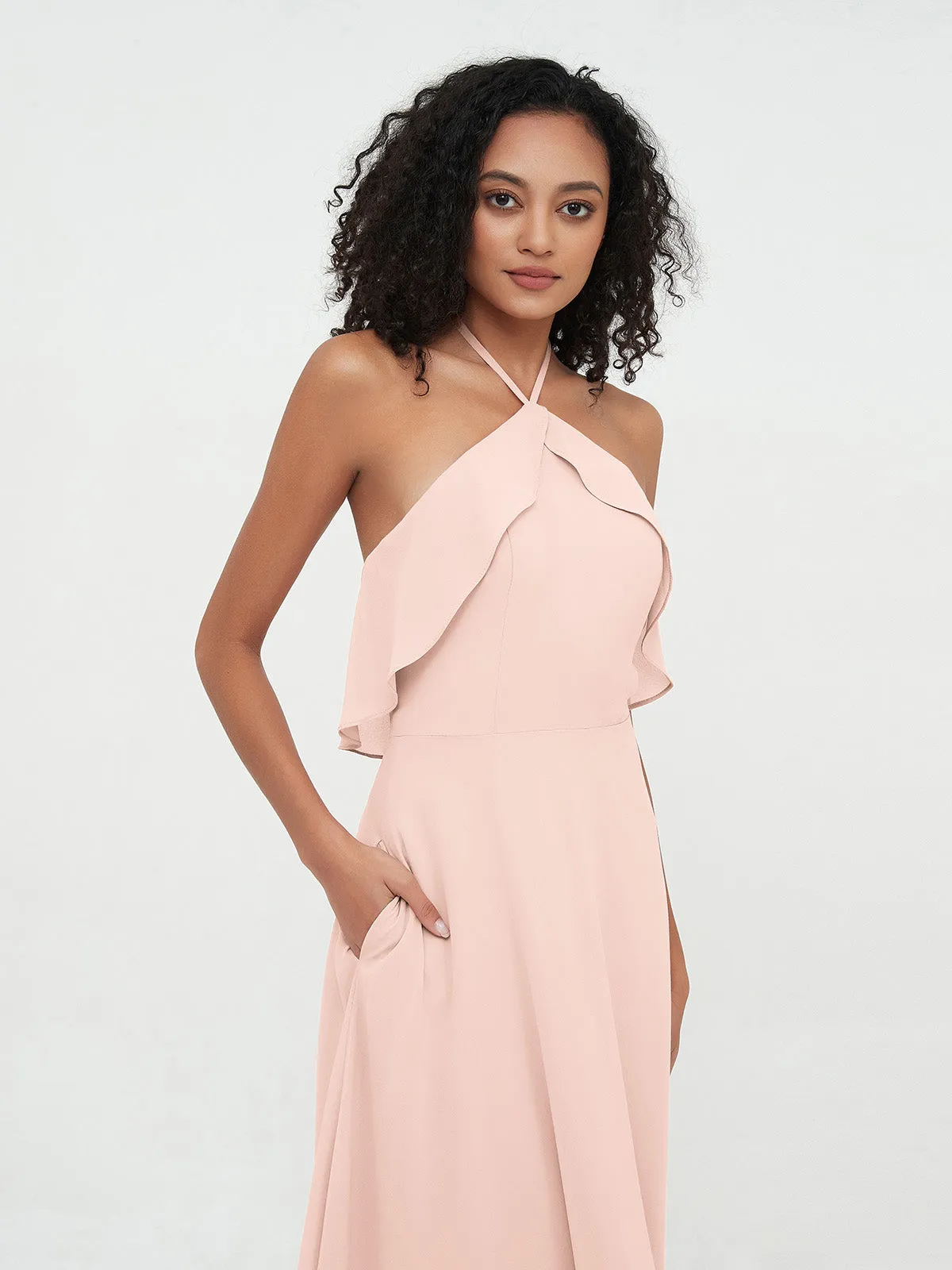 Halter Strap Chiffon Long Bridesmaid Dresses Pearl Pink Plus Size