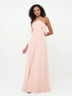 Halter Strap Chiffon Long Bridesmaid Dresses Pearl Pink Plus Size