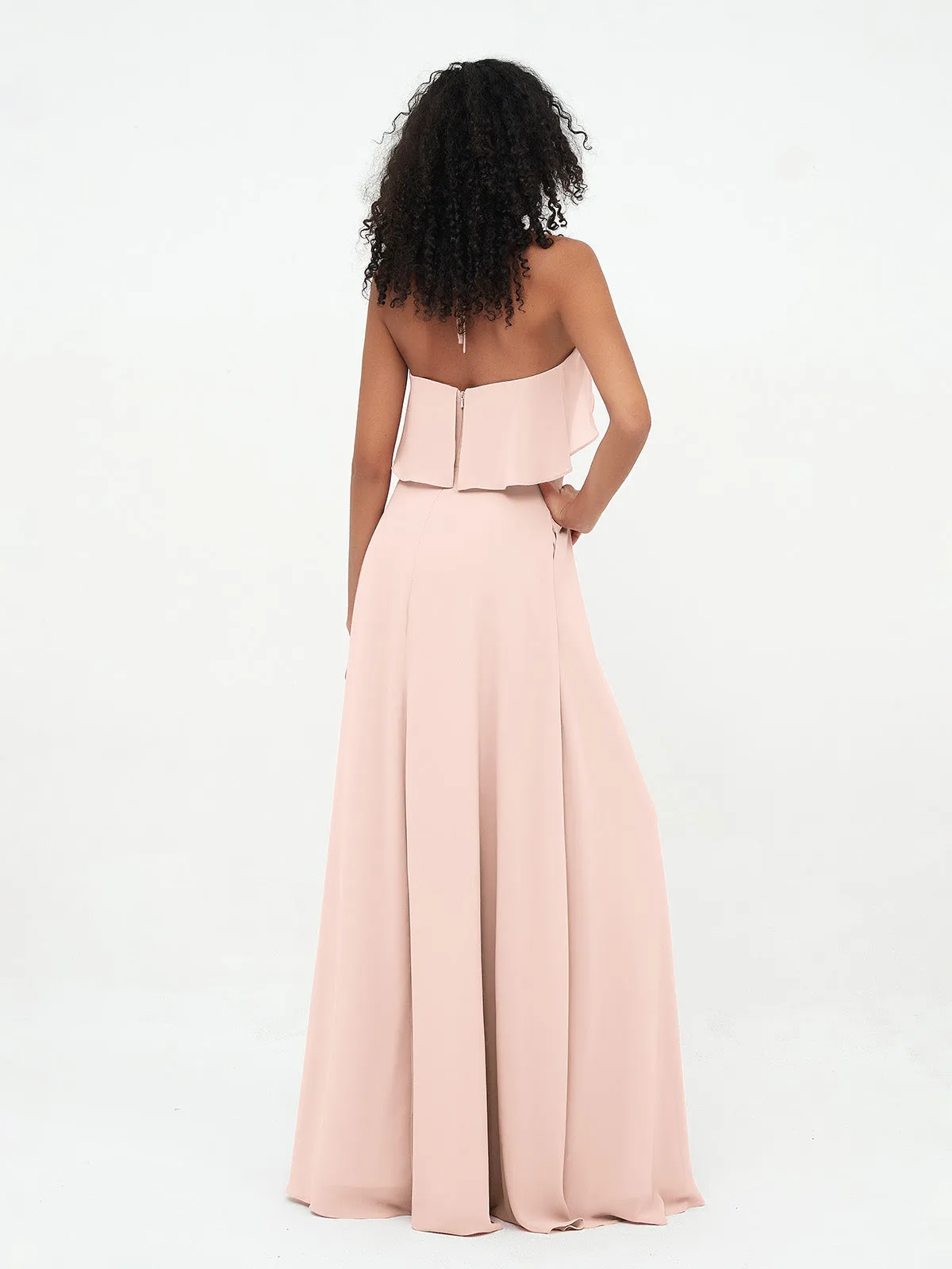 Halter Strap Chiffon Long Bridesmaid Dresses Pearl Pink Plus Size