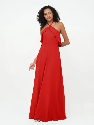 Halter Strap Chiffon Long Bridesmaid Dresses Red Plus Size
