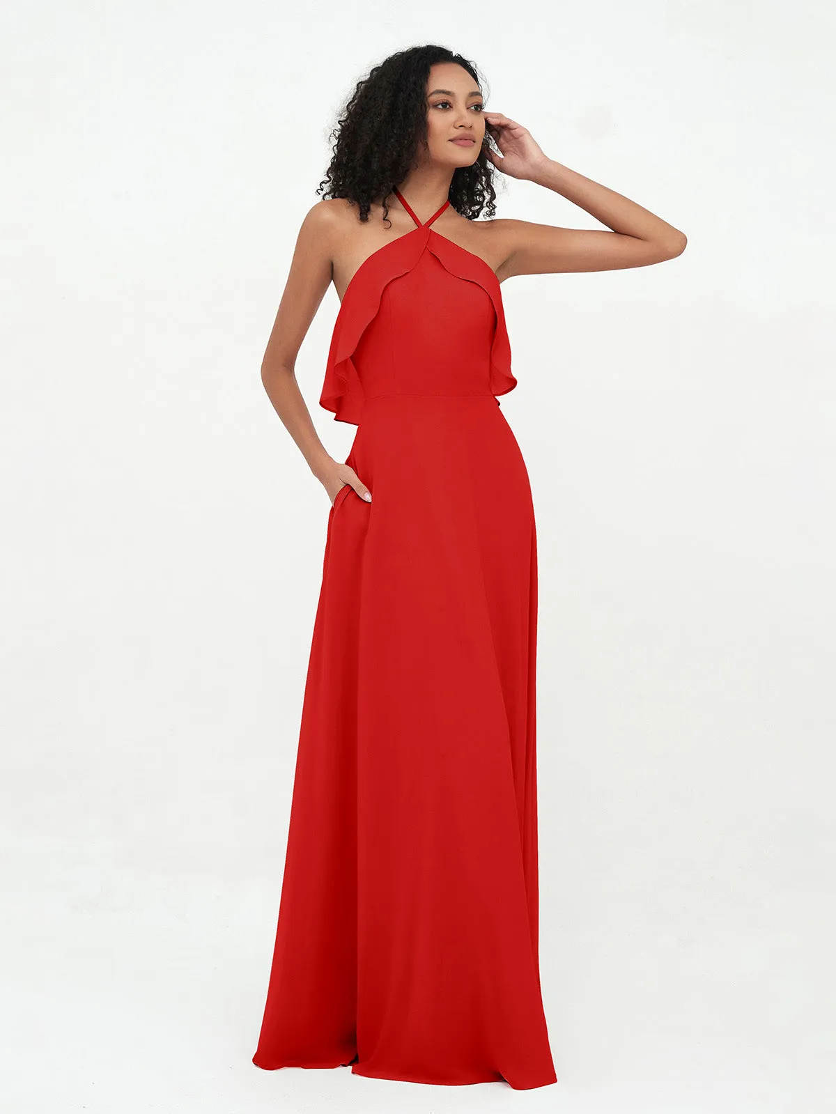 Halter Strap Chiffon Long Bridesmaid Dresses Red Plus Size