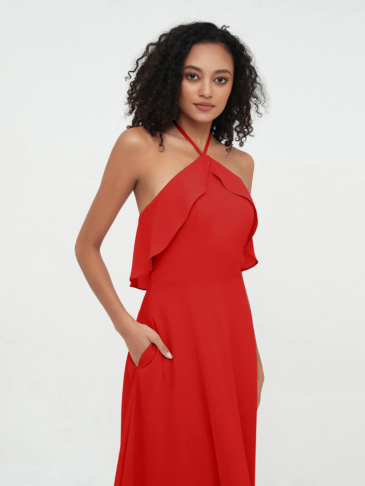 Halter Strap Chiffon Long Bridesmaid Dresses Red Plus Size