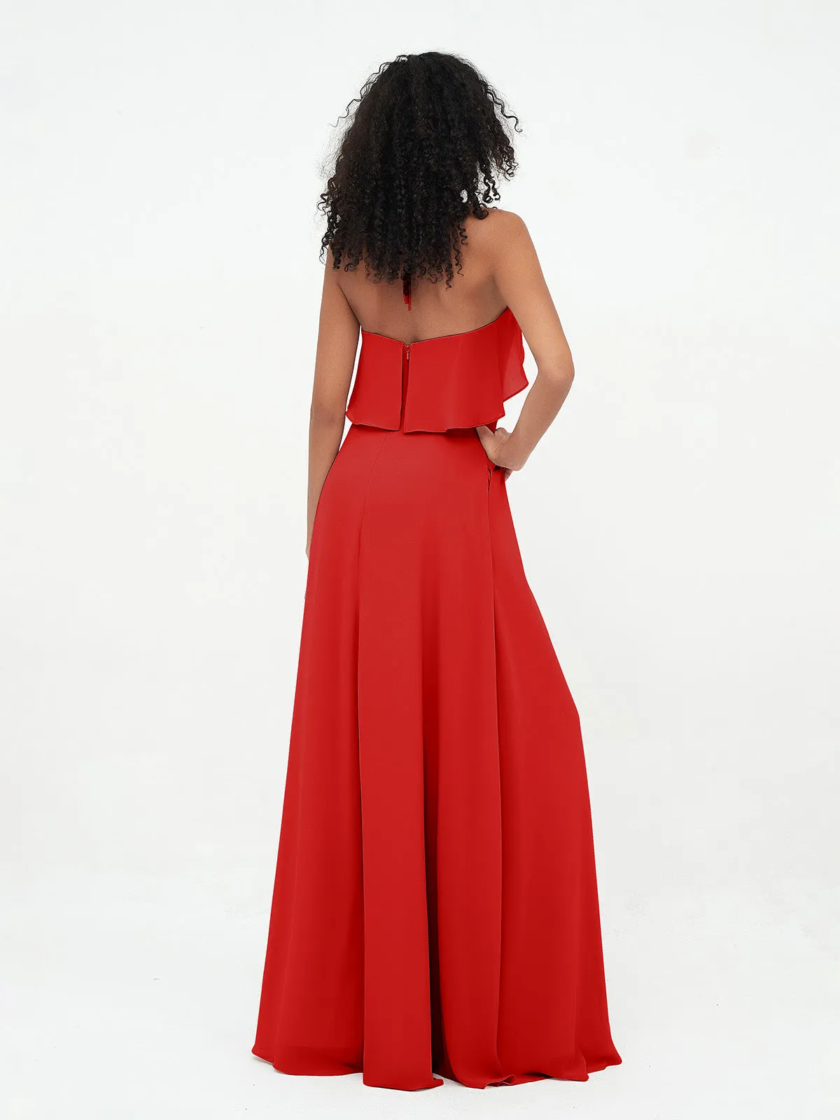 Halter Strap Chiffon Long Bridesmaid Dresses Red Plus Size