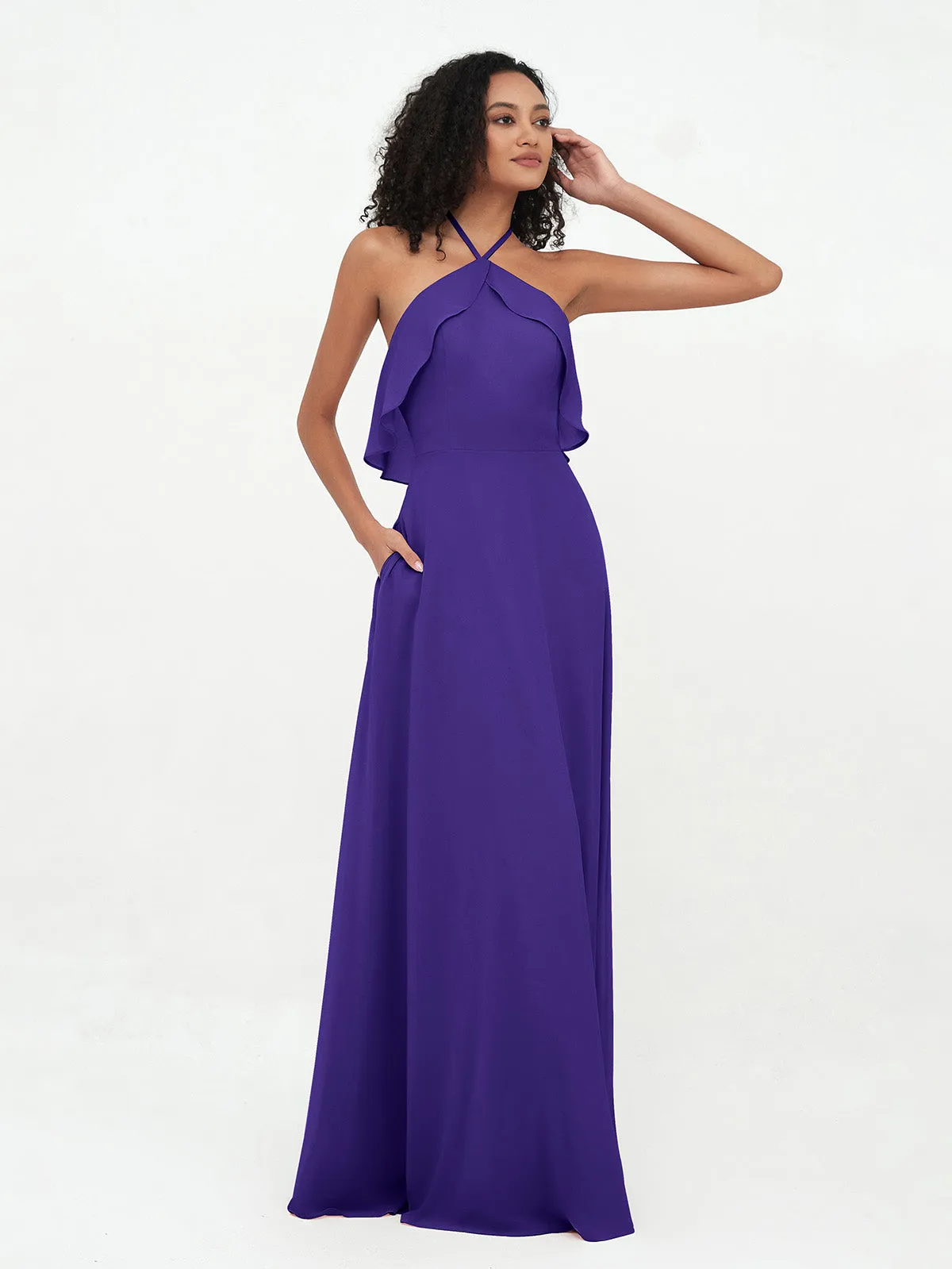 Halter Strap Chiffon Long Bridesmaid Dresses Regency Plus Size