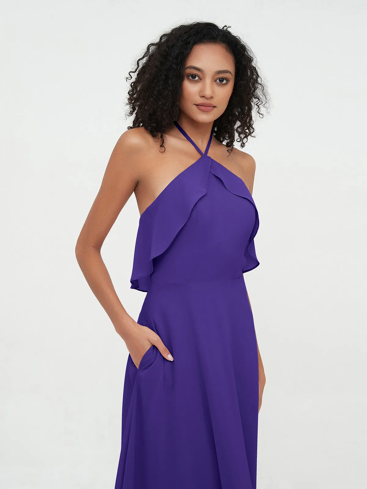 Halter Strap Chiffon Long Bridesmaid Dresses Regency Plus Size
