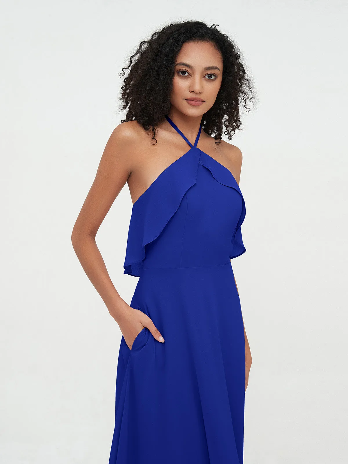 Halter Strap Chiffon Long Bridesmaid Dresses Royal Blue Plus Size