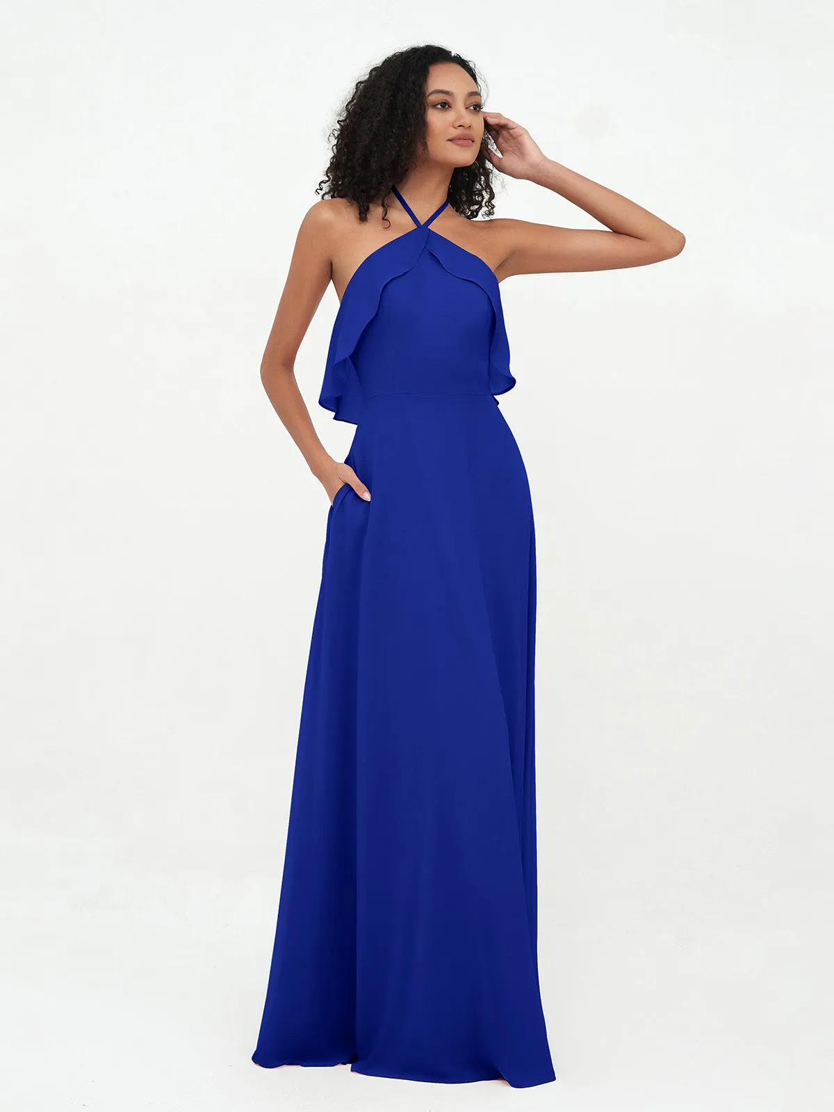 Halter Strap Chiffon Long Bridesmaid Dresses Royal Blue Plus Size