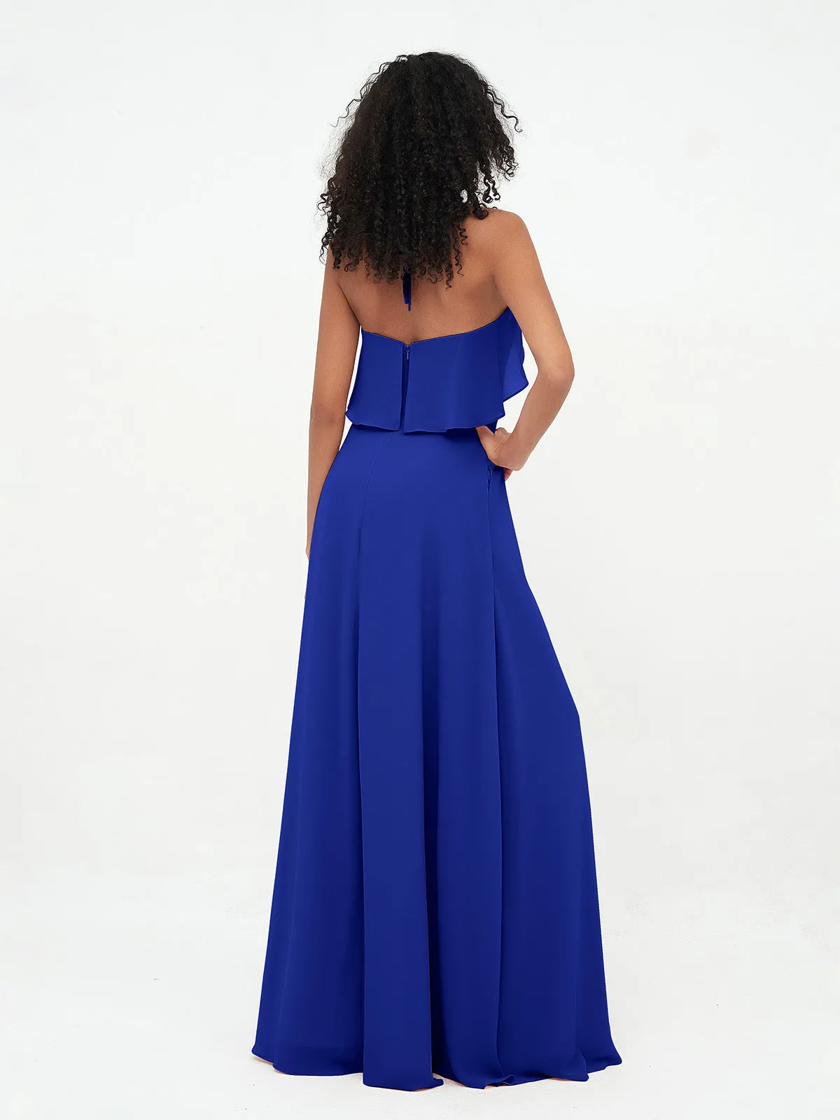 Halter Strap Chiffon Long Bridesmaid Dresses Royal Blue Plus Size