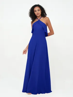 Halter Strap Chiffon Long Bridesmaid Dresses Royal Blue Plus Size