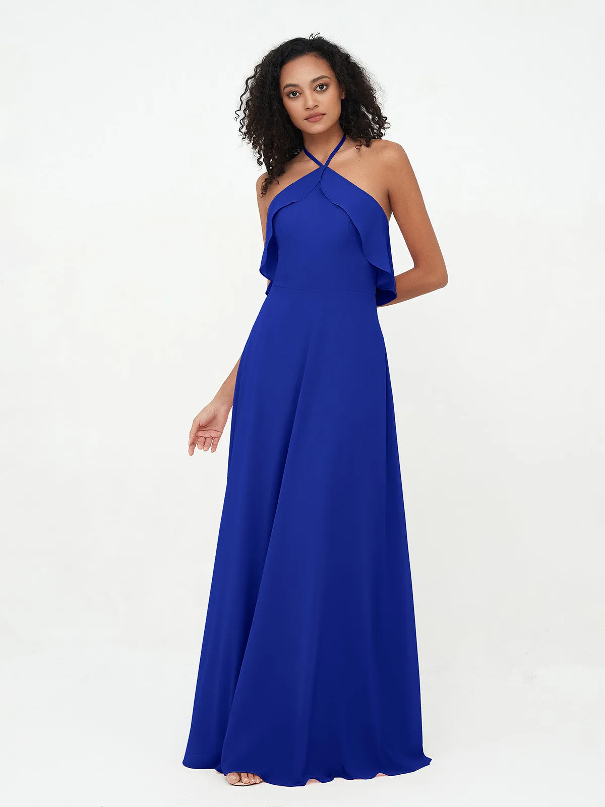 Halter Strap Chiffon Long Bridesmaid Dresses Royal Blue Plus Size