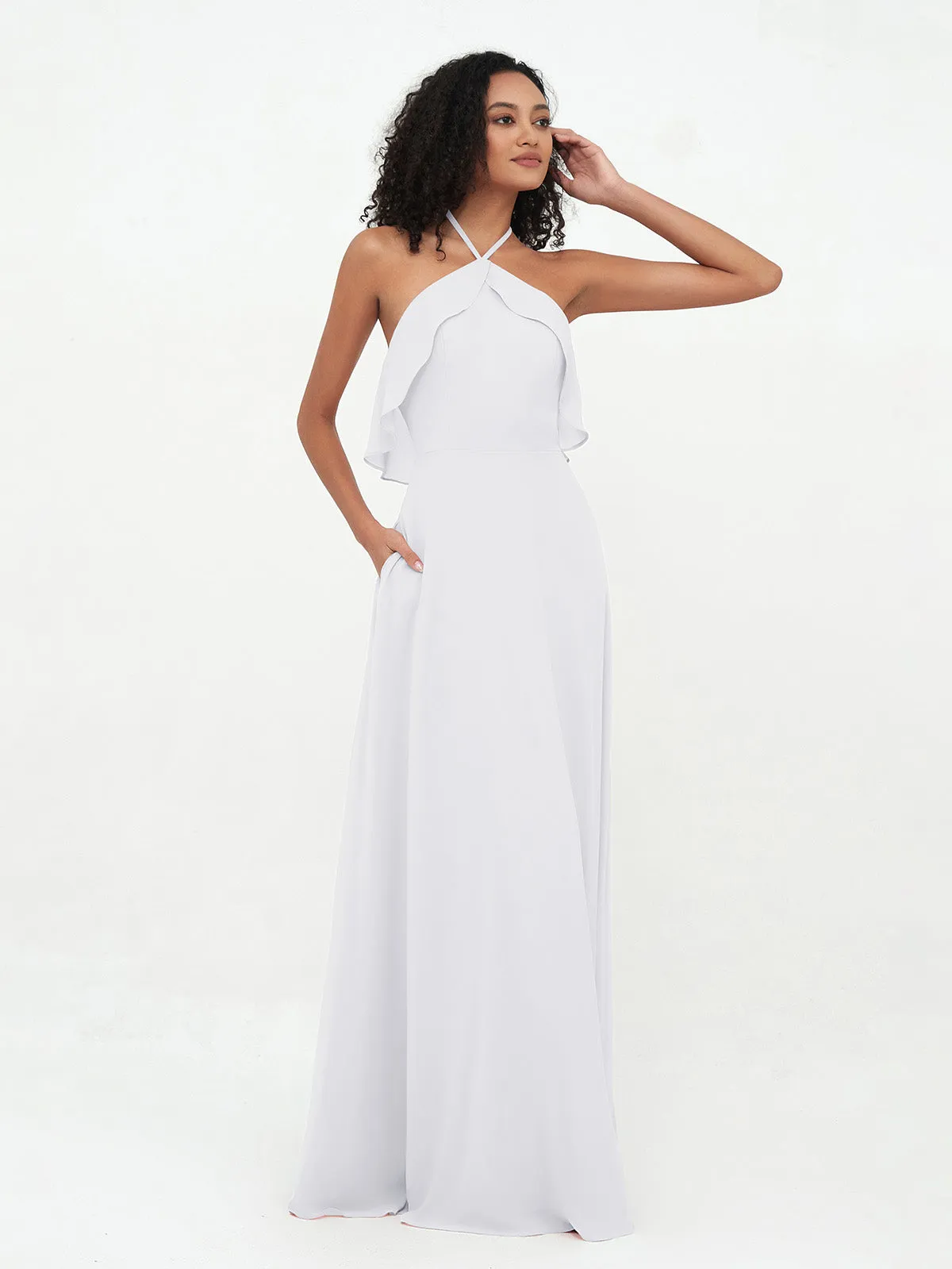 Halter Strap Chiffon Long Bridesmaid Dresses White