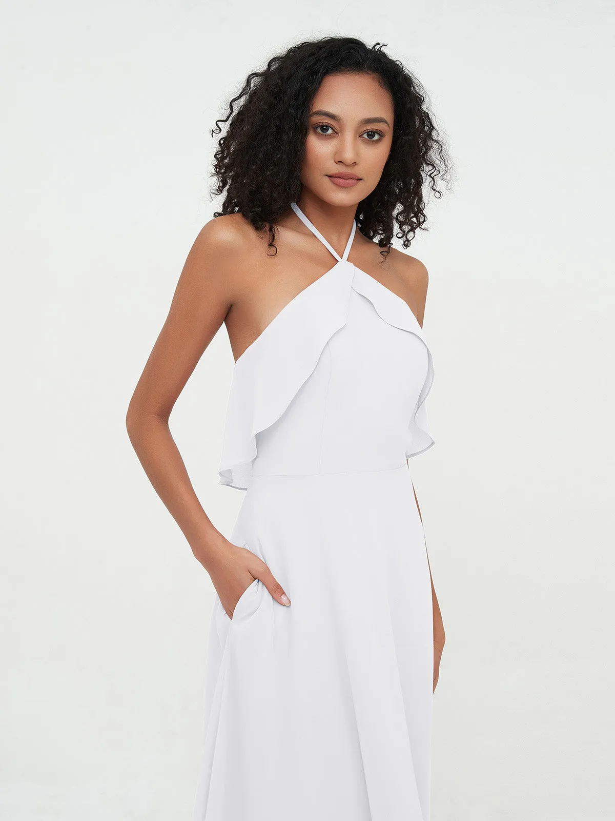 Halter Strap Chiffon Long Bridesmaid Dresses White