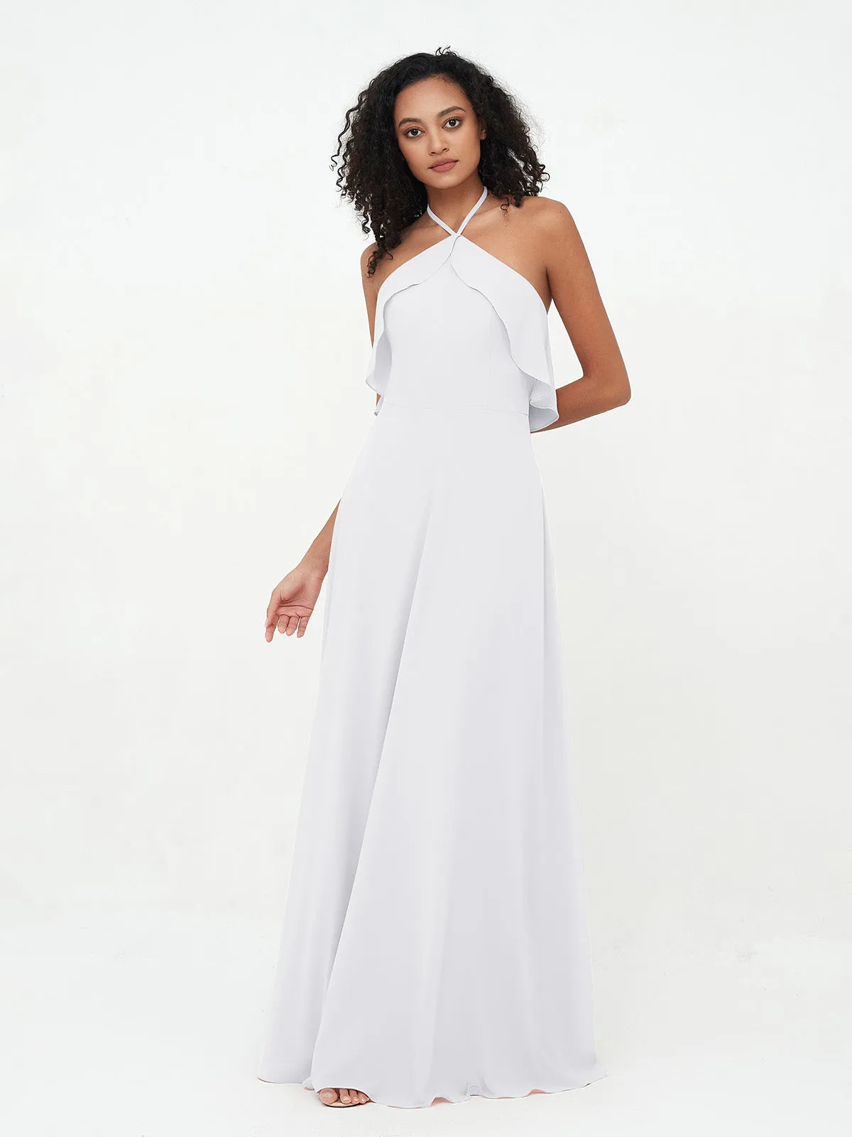 Halter Strap Chiffon Long Bridesmaid Dresses White