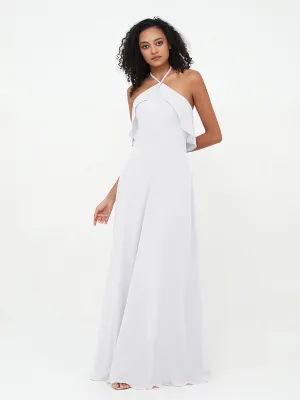 Halter Strap Chiffon Long Bridesmaid Dresses White