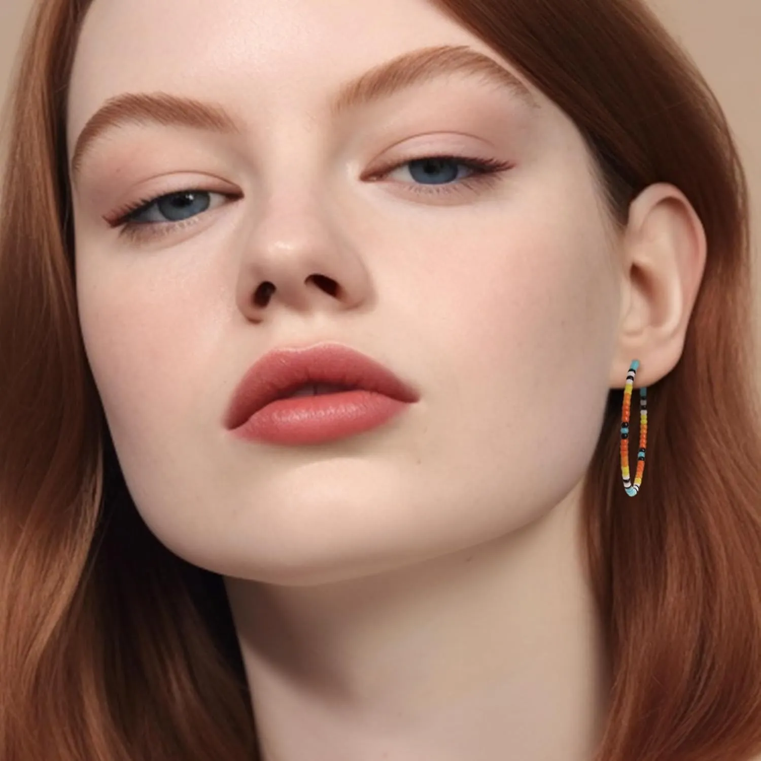 Handmade Boho Rainbow Beaded Large Gold Hoop Earrings for Women, Statement Bohemian Colorful Beads Circle Hoops Cartilage Hypoallergenic Holiday Prom Jewelry Gift