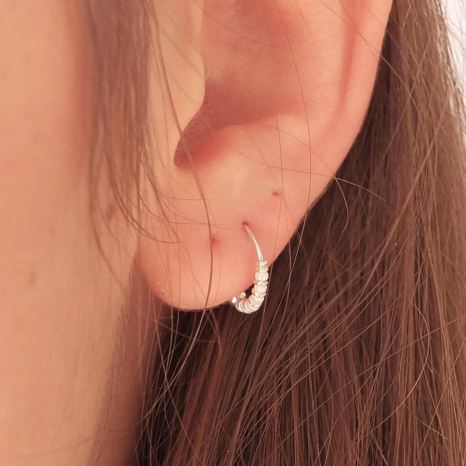 Handmade Gold Plated over Sterling Silver, Pair Small 10MM Cartilgae Helix Piercing Beaded Hoop Earrings, White Color Beads Thin 22Gauge Hoops for women (White-Gold)