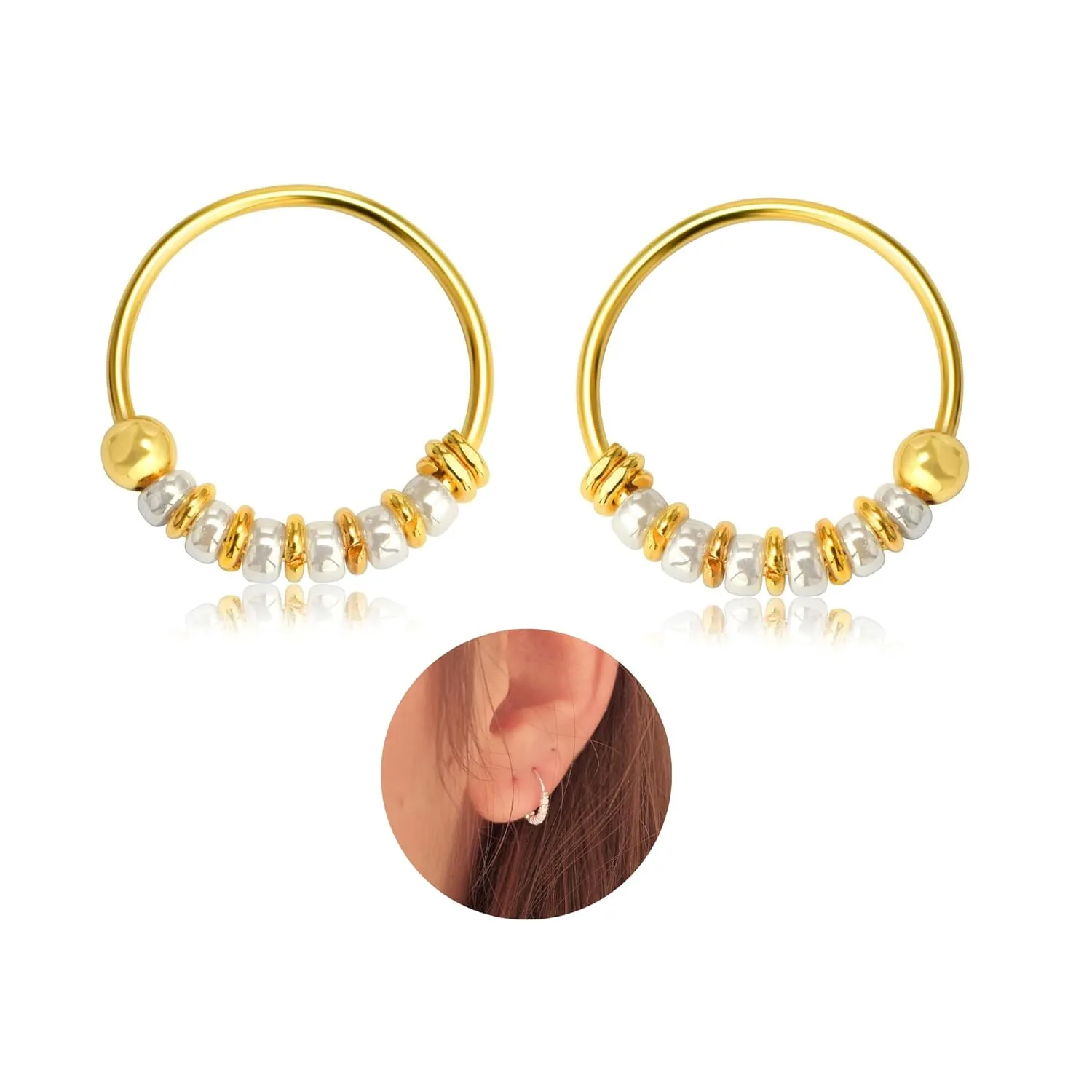 Handmade Gold Plated over Sterling Silver, Pair Small 10MM Cartilgae Helix Piercing Beaded Hoop Earrings, White Color Beads Thin 22Gauge Hoops for women (White-Gold)