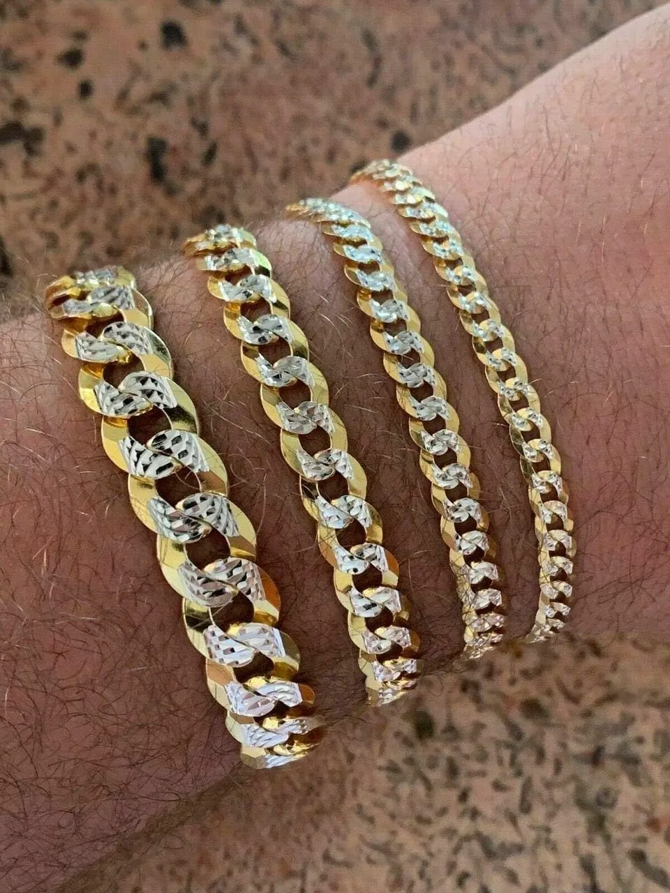 HarlemBling Mens Or Ladies Cuban Link Bracelet - 14k Yellow Gold & Solid 925 Sterling Silver Two Tone Diamond Cut - 5mm 6mm 8mm 10mm - 7-9" - Made In Italy Miami Cuban Bracelet