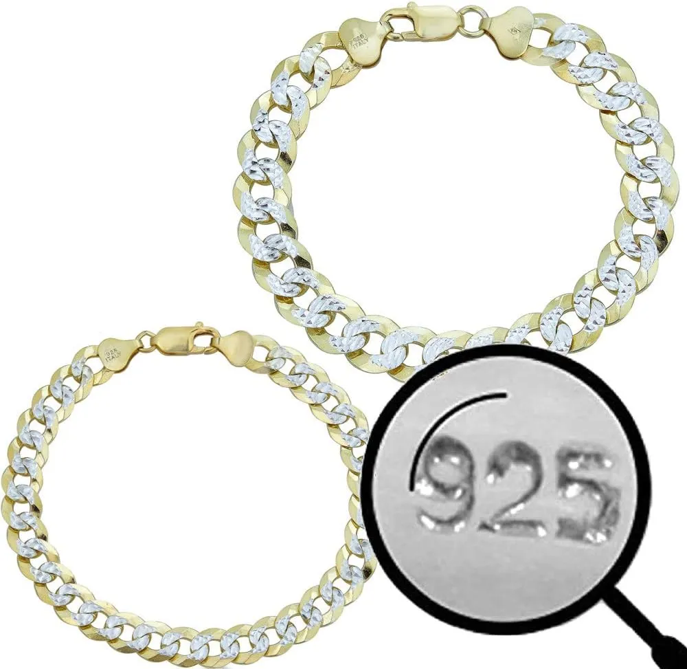 HarlemBling Mens Or Ladies Cuban Link Bracelet - 14k Yellow Gold & Solid 925 Sterling Silver Two Tone Diamond Cut - 5mm 6mm 8mm 10mm - 7-9" - Made In Italy Miami Cuban Bracelet