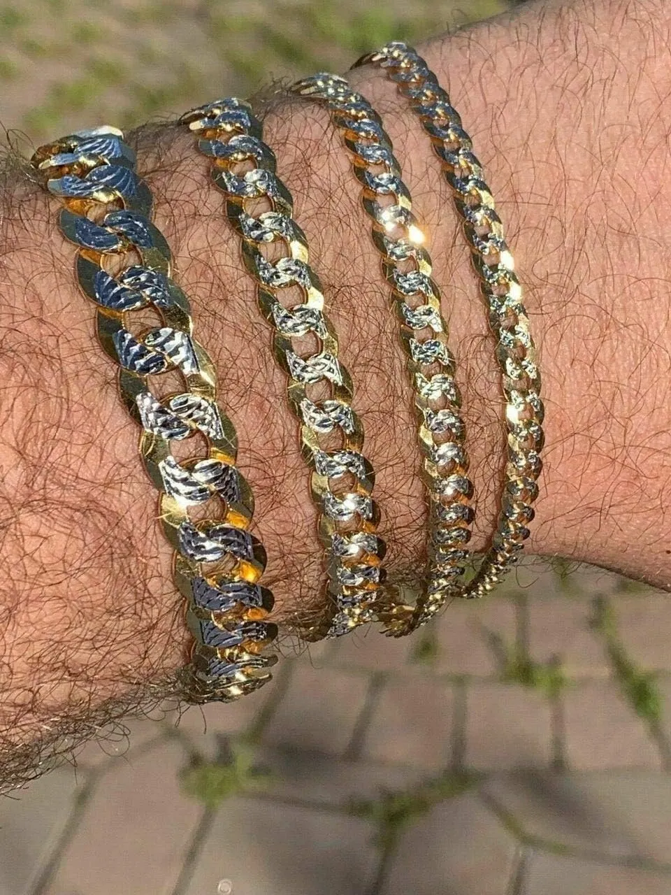 HarlemBling Mens Or Ladies Cuban Link Bracelet - 14k Yellow Gold & Solid 925 Sterling Silver Two Tone Diamond Cut - 5mm 6mm 8mm 10mm - 7-9" - Made In Italy Miami Cuban Bracelet