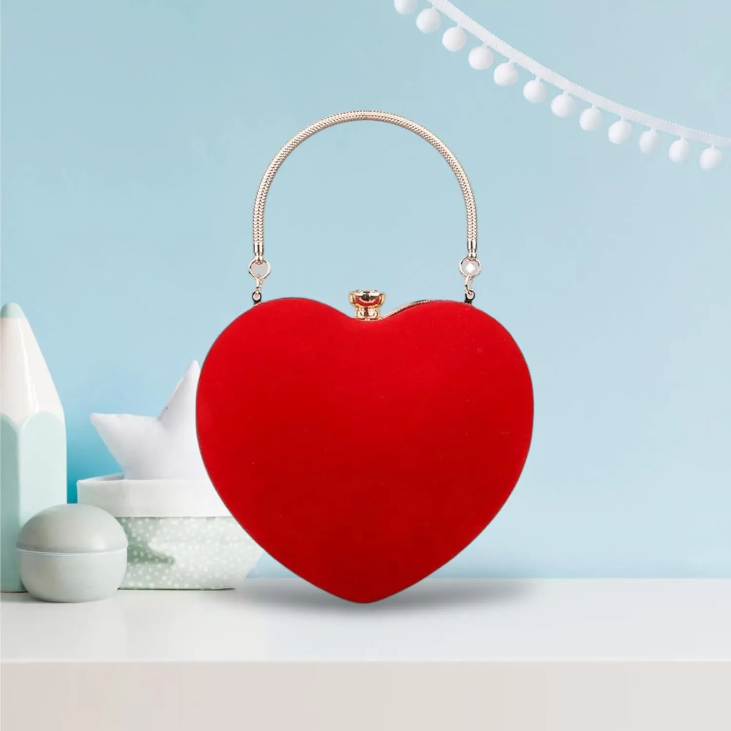 Heart-Shaped Evening Handbag, Metal Handle Clutch Purse, Available in Black, Red, Pink, Navy, Coral