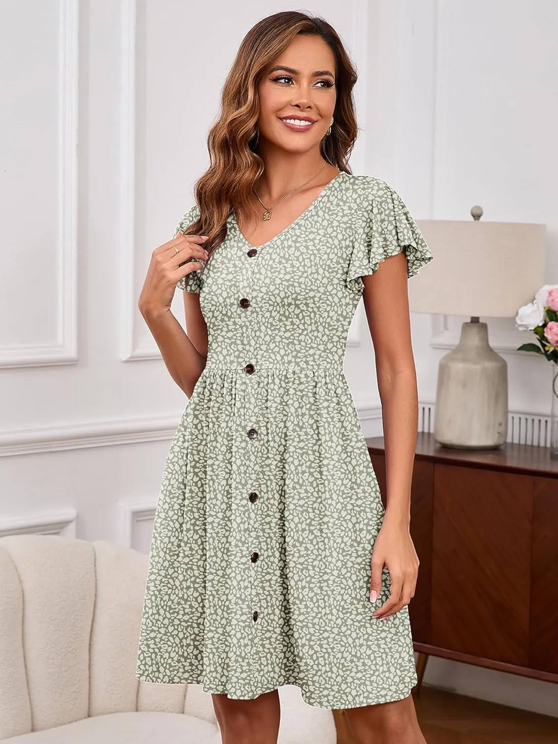 Heymoments Women Summer Dresses Ruffle Sleeve Casual V Neck Swing Button Down Midi Dress with Pockets