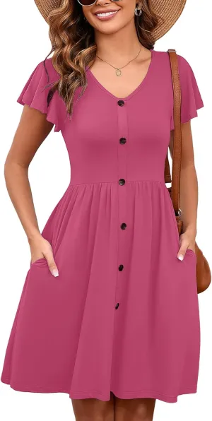 Heymoments Women Summer Dresses Ruffle Sleeve Casual V Neck Swing Button Down Midi Dress with Pockets