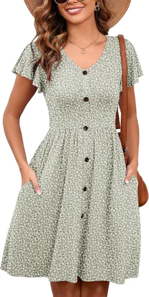 Heymoments Women Summer Dresses Ruffle Sleeve Casual V Neck Swing Button Down Midi Dress with Pockets