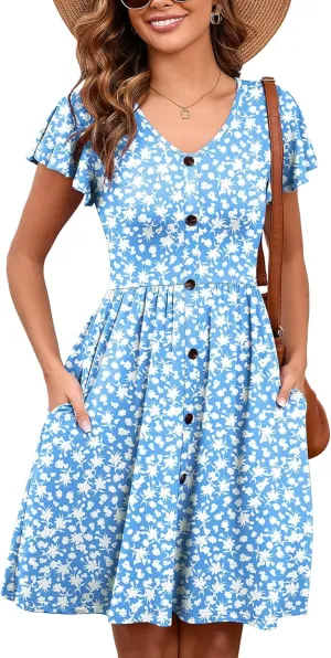 Heymoments Women Summer Dresses Ruffle Sleeve Casual V Neck Swing Button Down Midi Dress with Pockets