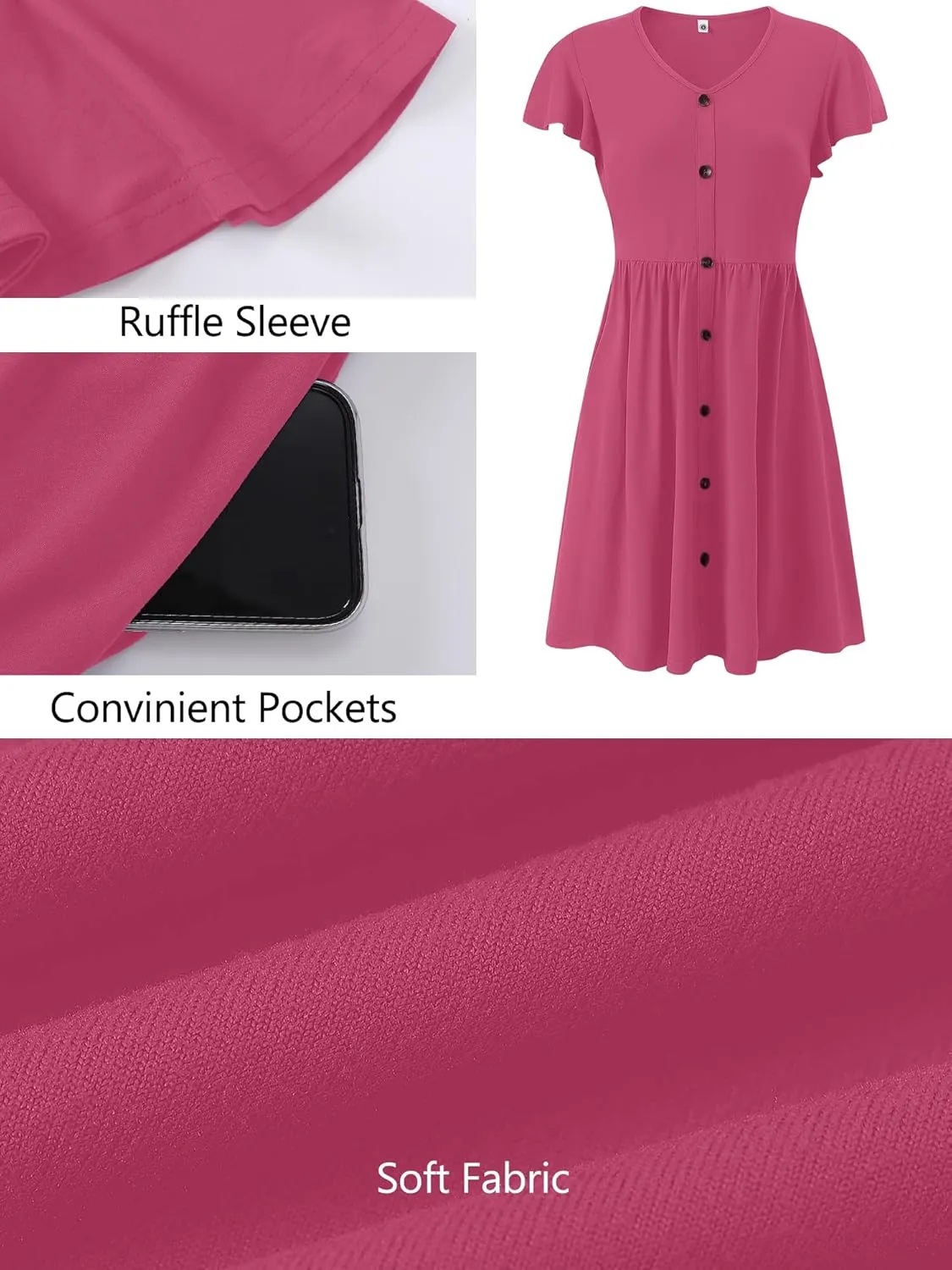 Heymoments Women Summer Dresses Ruffle Sleeve Casual V Neck Swing Button Down Midi Dress with Pockets