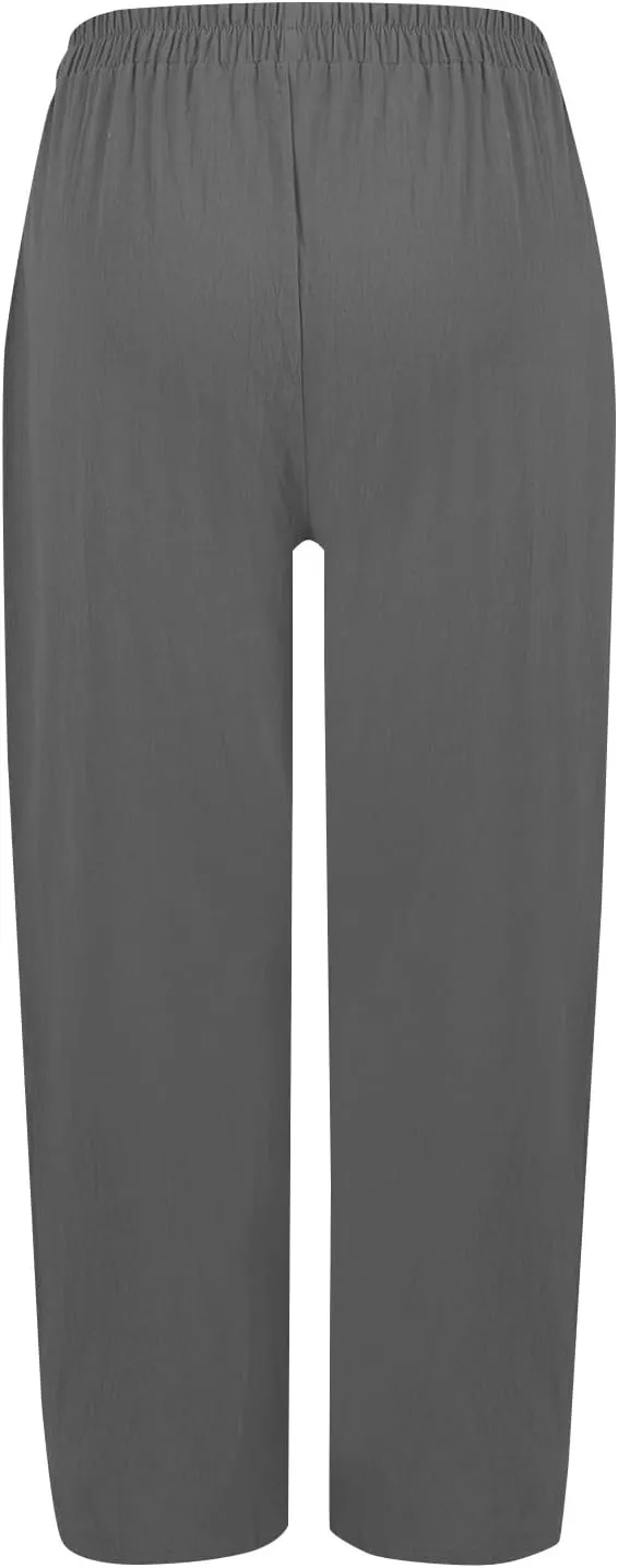 High Waisted Linen Pants Women Summer Wide Leg Pants Tummy Control Trousers Loose Palazzo Pant with Pockets (S-2Xl)