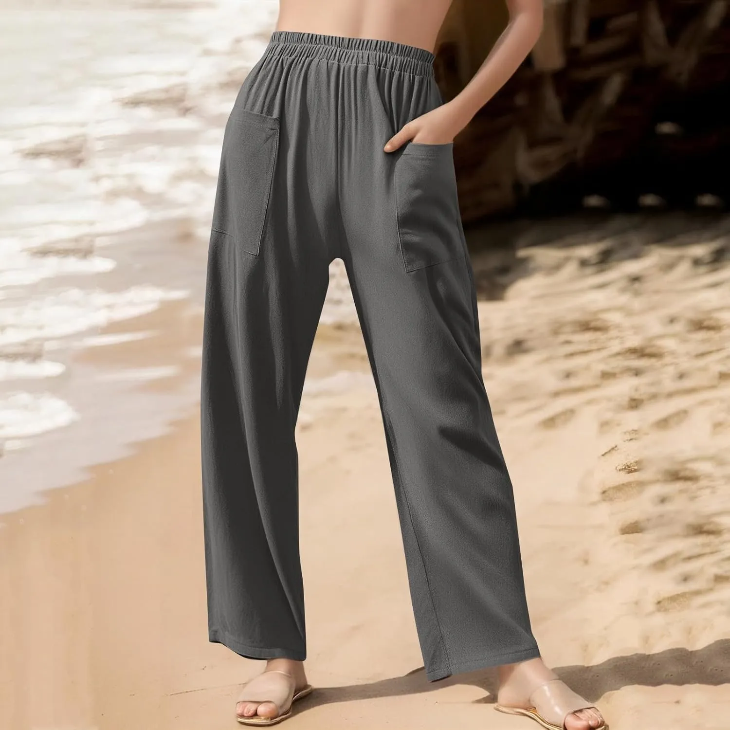 High Waisted Linen Pants Women Summer Wide Leg Pants Tummy Control Trousers Loose Palazzo Pant with Pockets (S-2Xl)