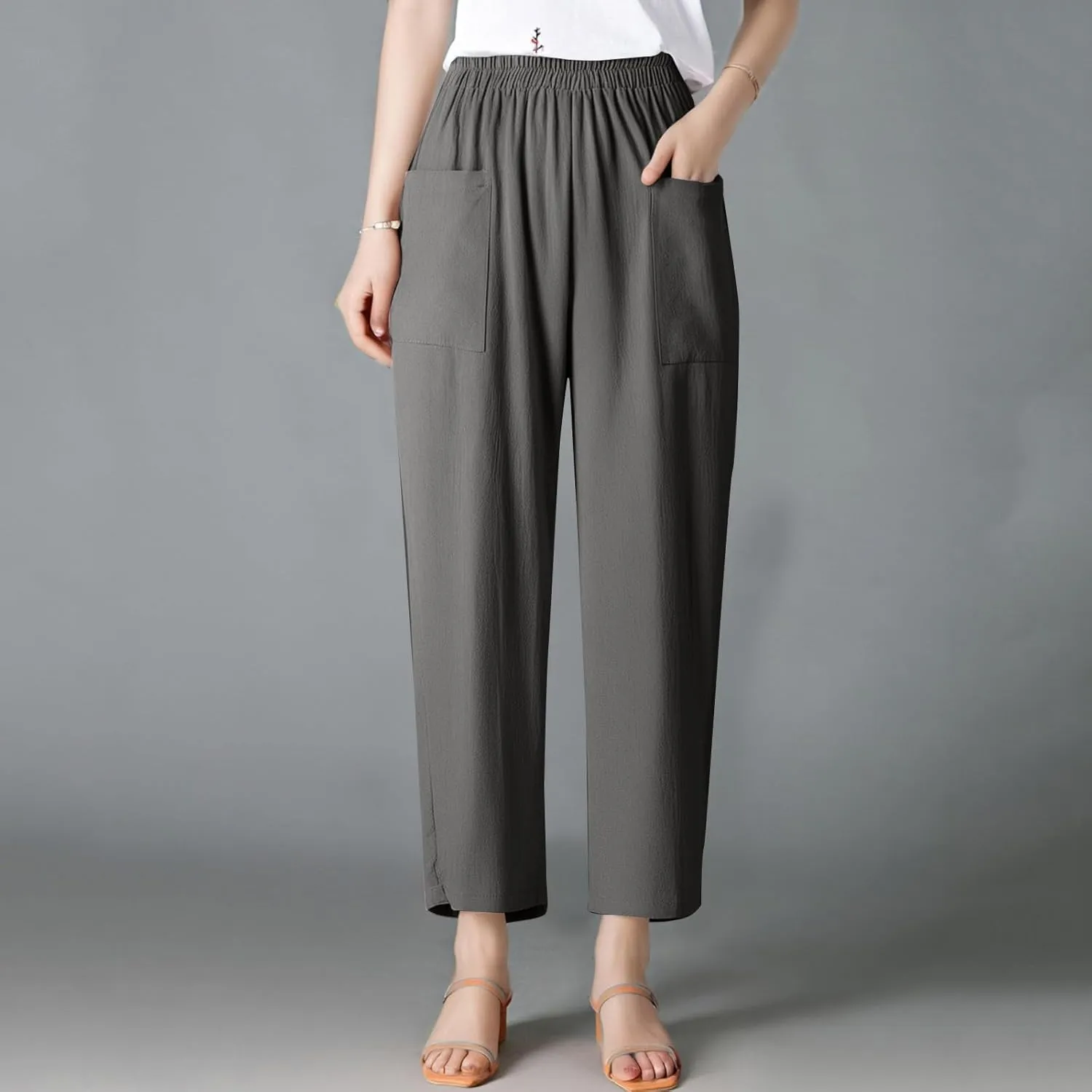 High Waisted Linen Pants Women Summer Wide Leg Pants Tummy Control Trousers Loose Palazzo Pant with Pockets (S-2Xl)
