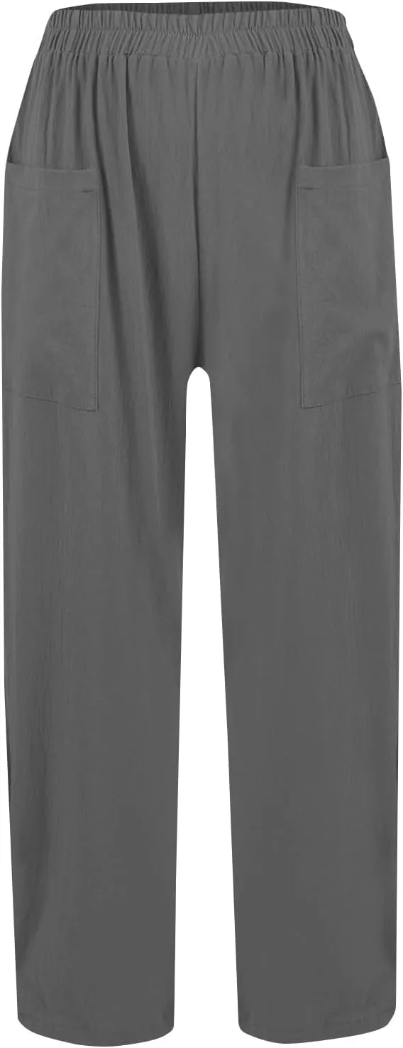 High Waisted Linen Pants Women Summer Wide Leg Pants Tummy Control Trousers Loose Palazzo Pant with Pockets (S-2Xl)