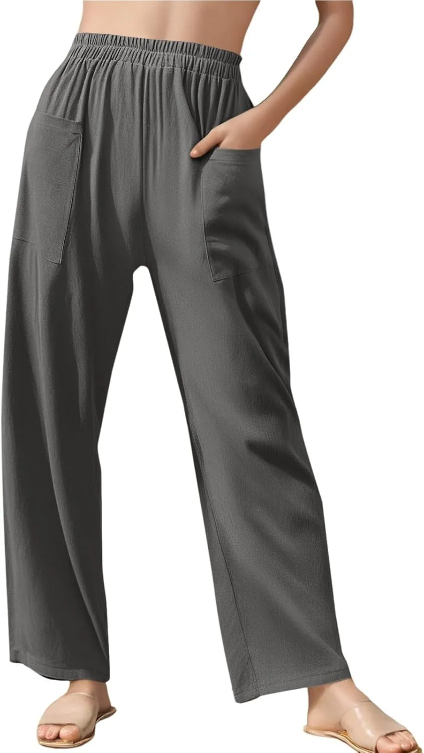 High Waisted Linen Pants Women Summer Wide Leg Pants Tummy Control Trousers Loose Palazzo Pant with Pockets (S-2Xl)