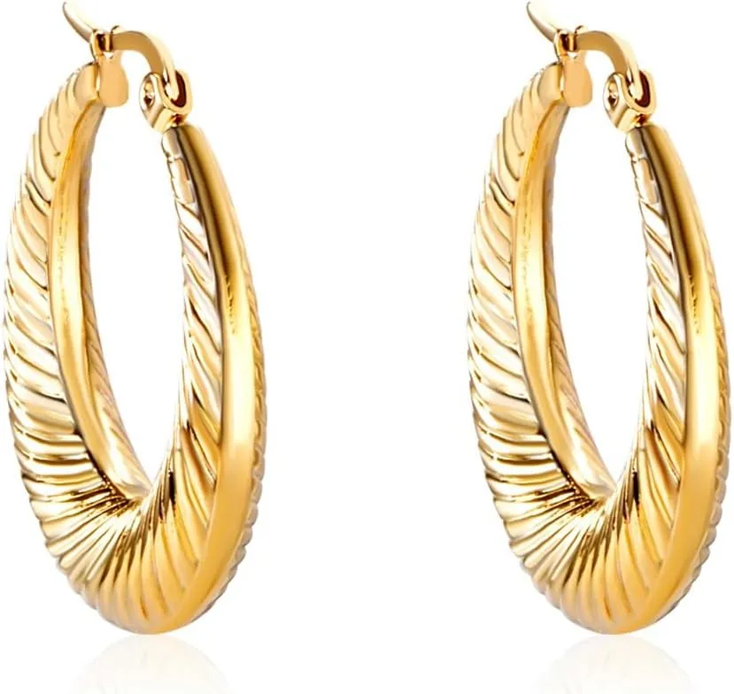 Hoop Earrings for Women 18K Gold Plated Braided Design Hoop Earrings, Hypoallergenic Hoop Earrings for Women, 15mm