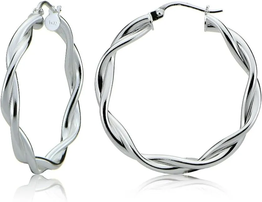 Hoops & Loops 925 Sterling Silver Twisted Round Click-Top Hoop Earrings for Women, Silver 25mm
