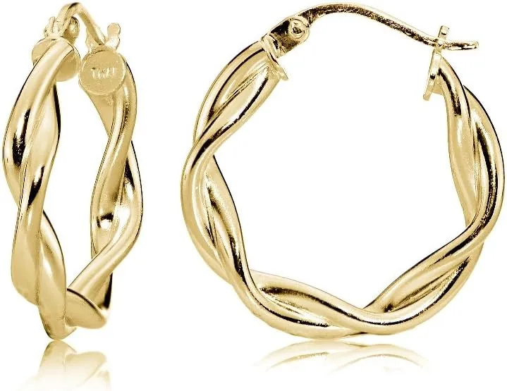 Hoops & Loops 925 Sterling Silver Twisted Round Click-Top Hoop Earrings for Women, Yellow Gold 20mm