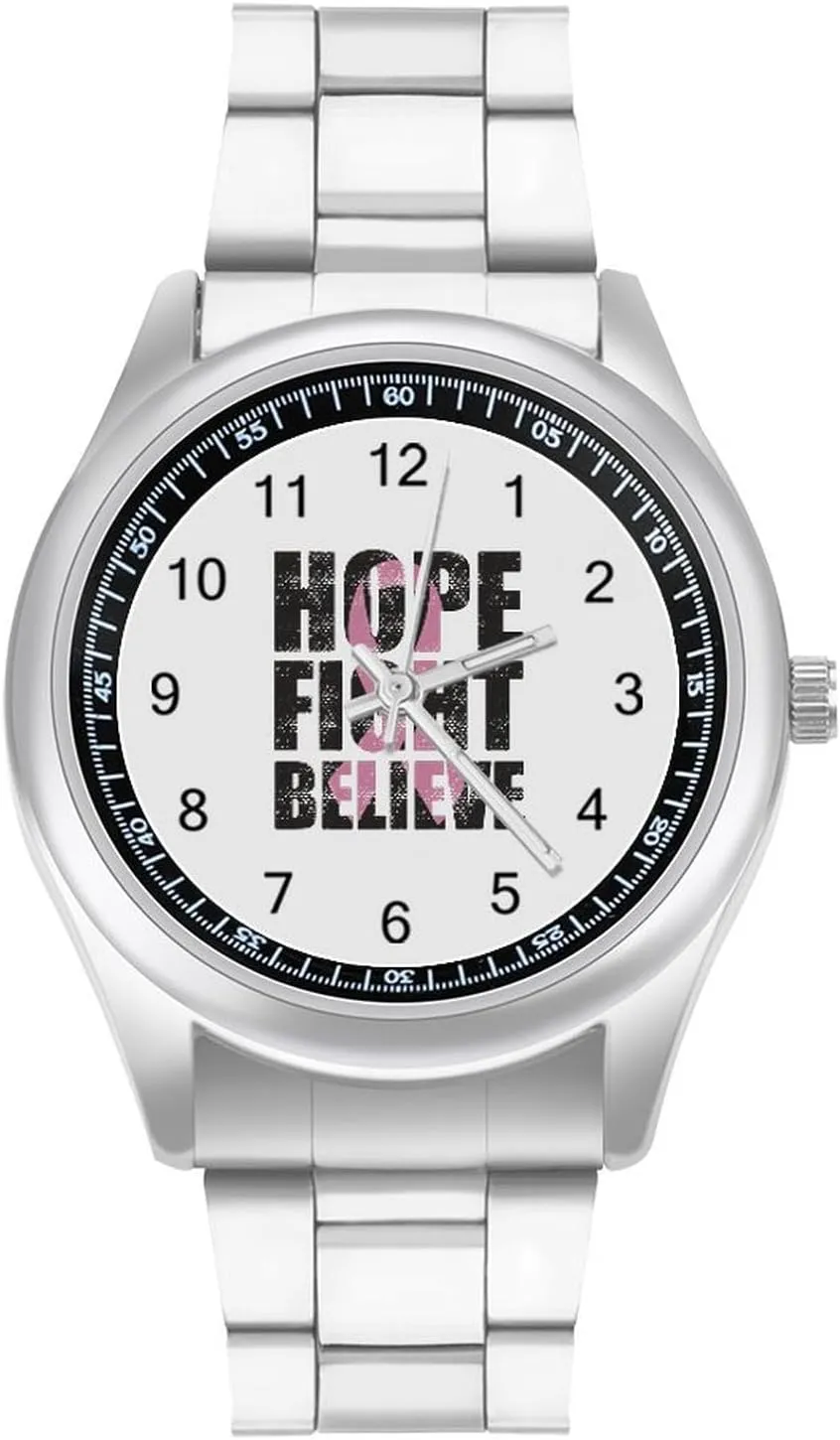 Hope Fight Believe - Breast Cancer Stainless Steel Strap Simple Business Watches for Men Easy Reader Work Casual Watch