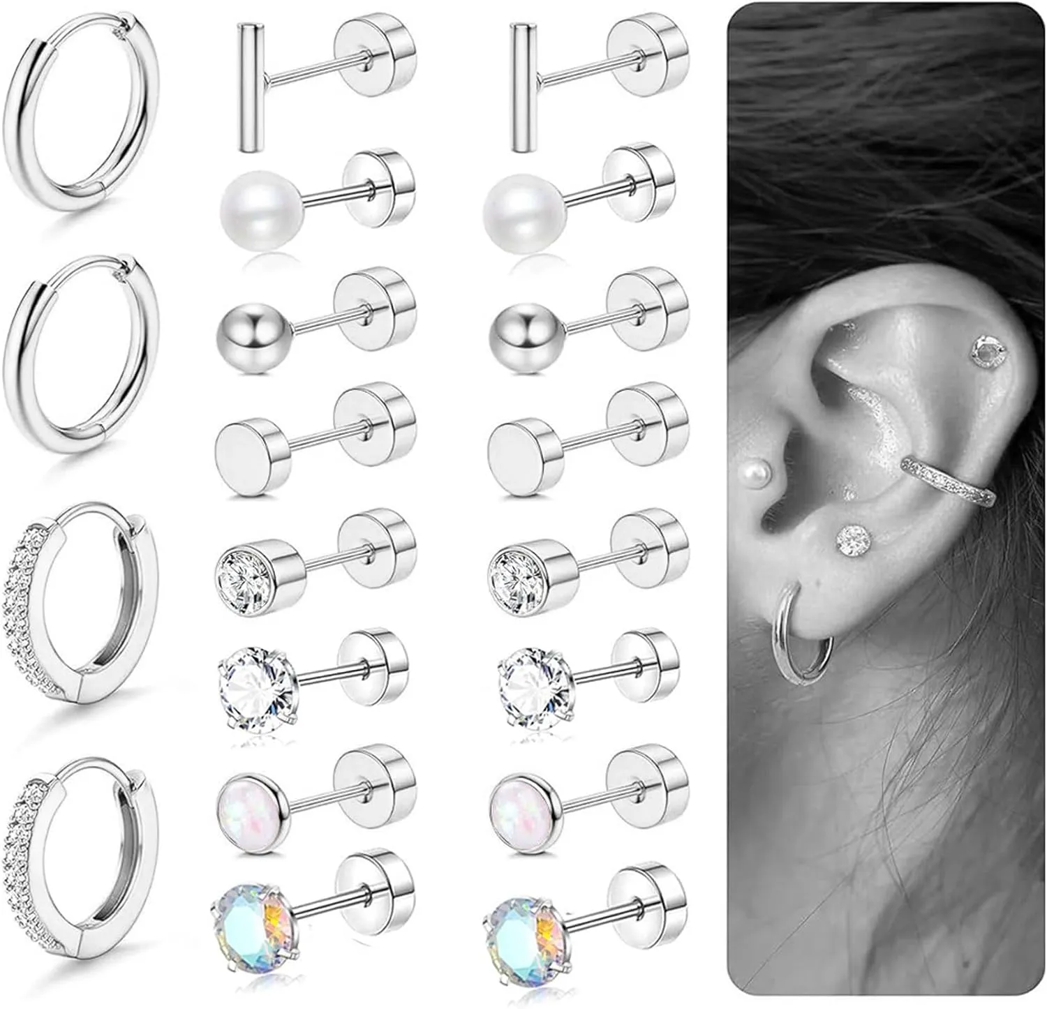 Hypoallergenic Surgical Steel Earrings for Sensitive Ears, 20G Flat Back Cartilage Earrings, Hoop Stud Stainless Steel Earrings for Women