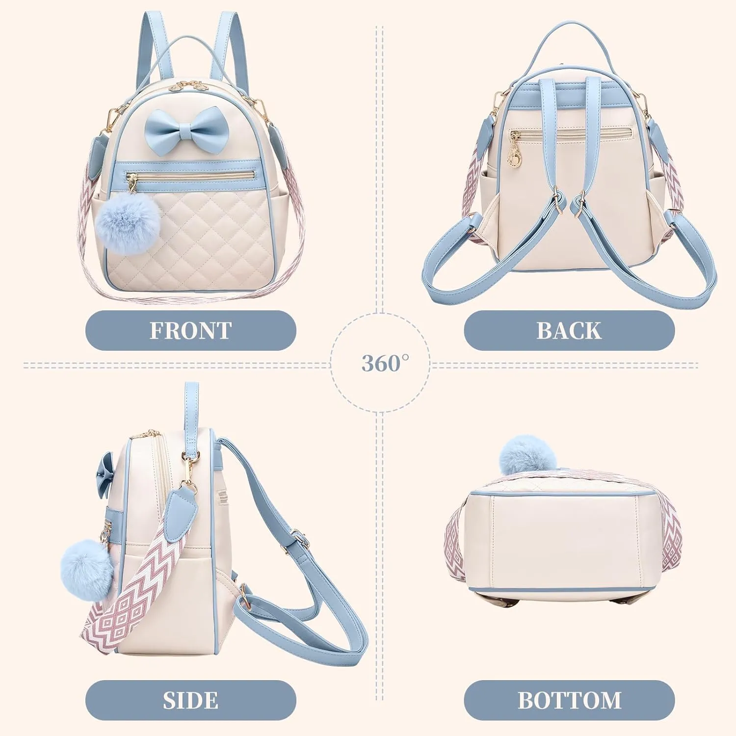 I IHAYNER Cute Small Backpack Purse with Bow Mini Backpack Fashion Vegan Leather Pompom Backpack Shoulder Bag for Girs Blue