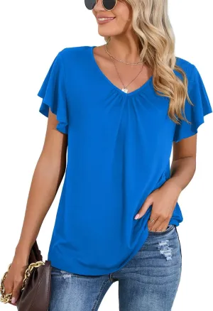 Iandroiy Women's Casual Shirred V-Neck Top Ruffle Short Sleeve Shirts Basic Pleated Top
