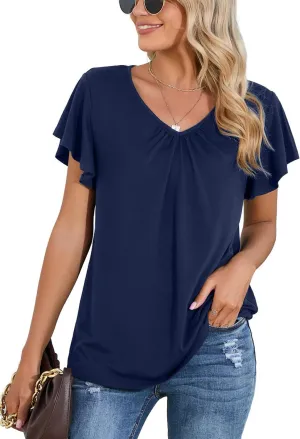 Iandroiy Women's Casual Shirred V-Neck Top Ruffle Short Sleeve Shirts Basic Pleated Top
