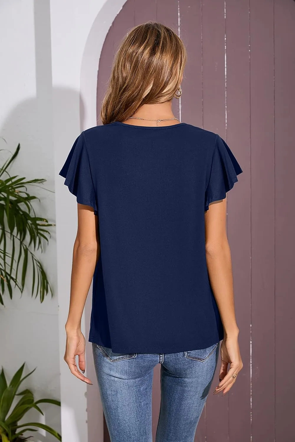 Iandroiy Women's Casual Shirred V-Neck Top Ruffle Short Sleeve Shirts Basic Pleated Top