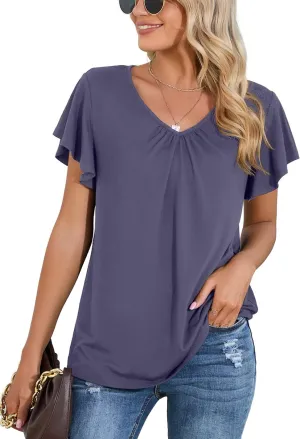 Iandroiy Women's Casual Shirred V-Neck Top Ruffle Short Sleeve Shirts Basic Pleated Top
