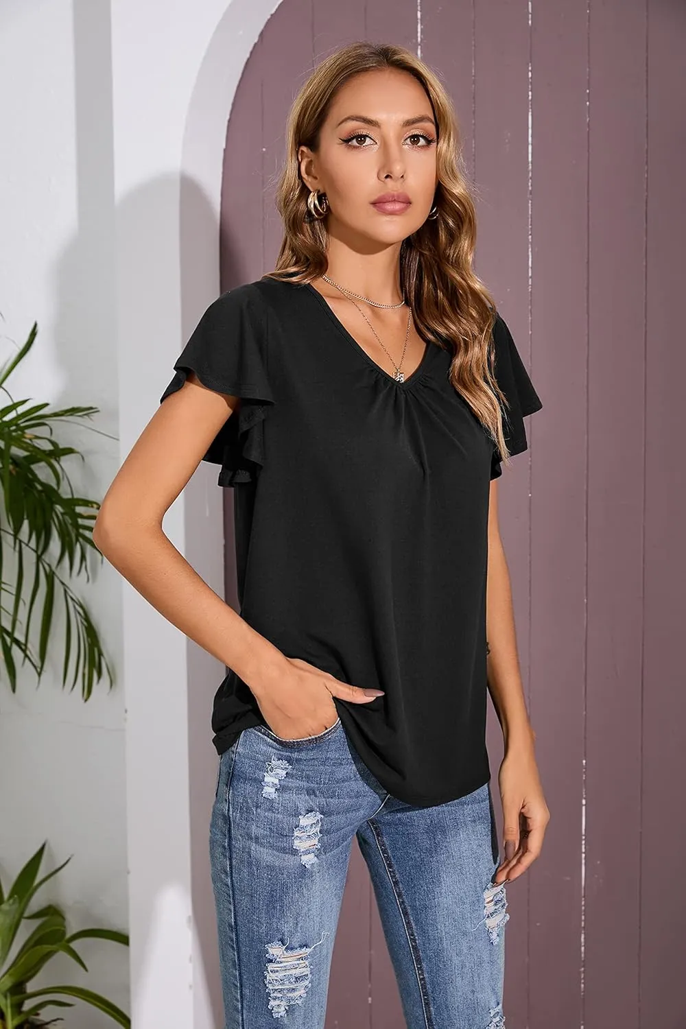 Iandroiy Women's Casual Shirred V-Neck Top Ruffle Short Sleeve Shirts Basic Pleated Top