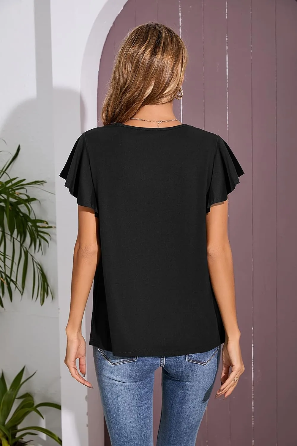 Iandroiy Women's Casual Shirred V-Neck Top Ruffle Short Sleeve Shirts Basic Pleated Top