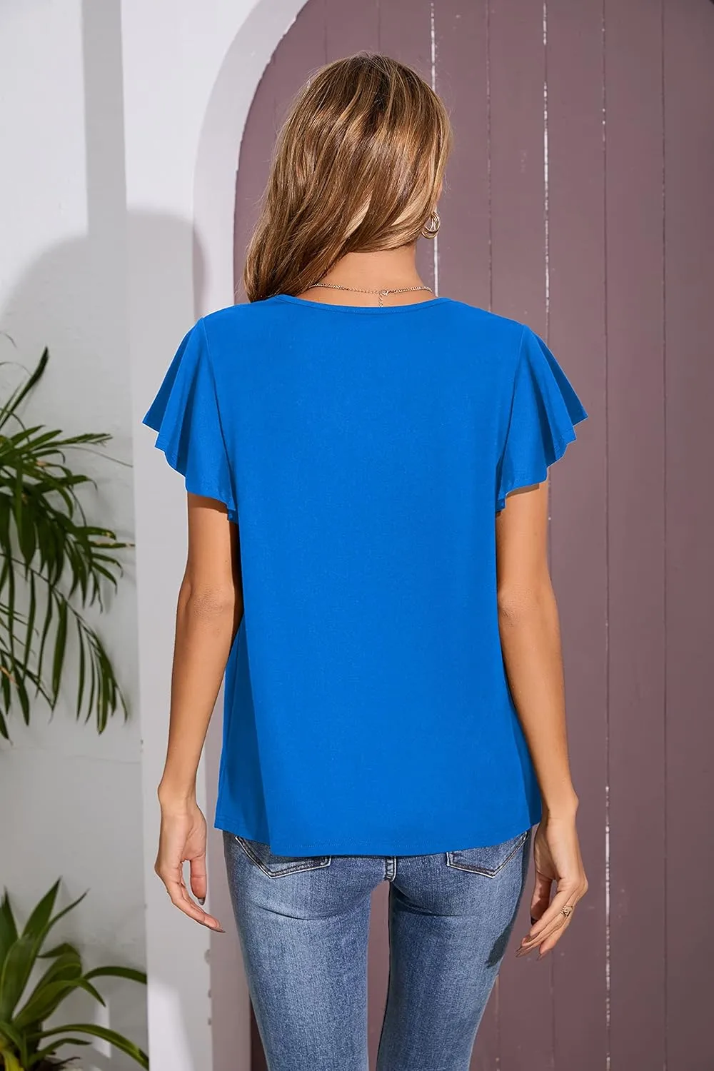Iandroiy Women's Casual Shirred V-Neck Top Ruffle Short Sleeve Shirts Basic Pleated Top