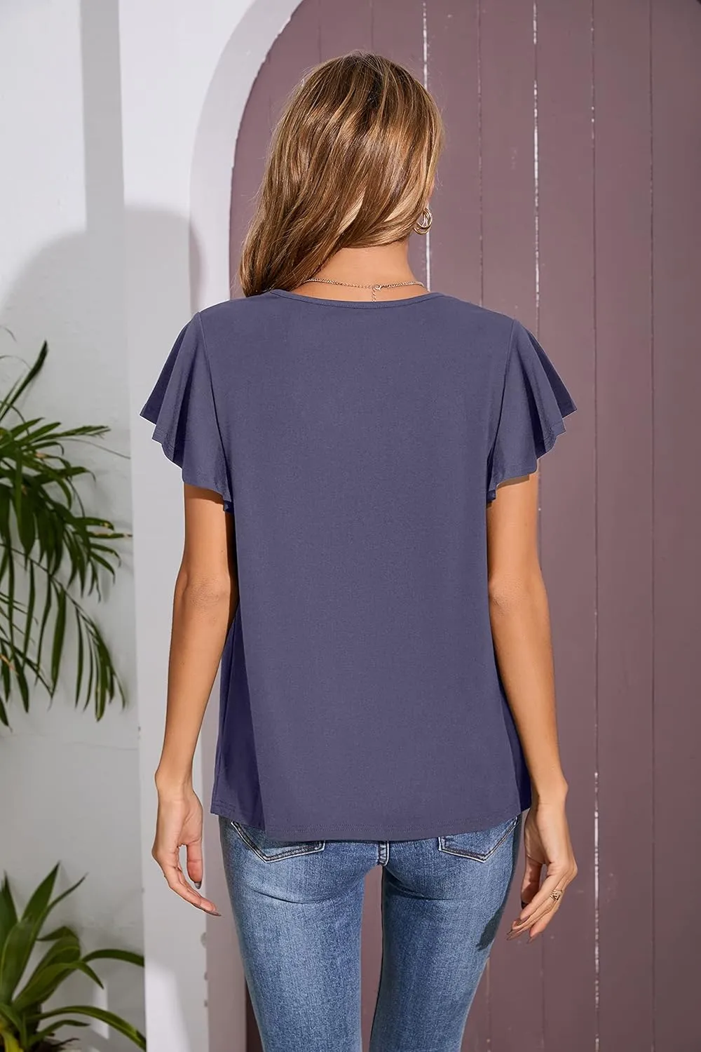 Iandroiy Women's Casual Shirred V-Neck Top Ruffle Short Sleeve Shirts Basic Pleated Top