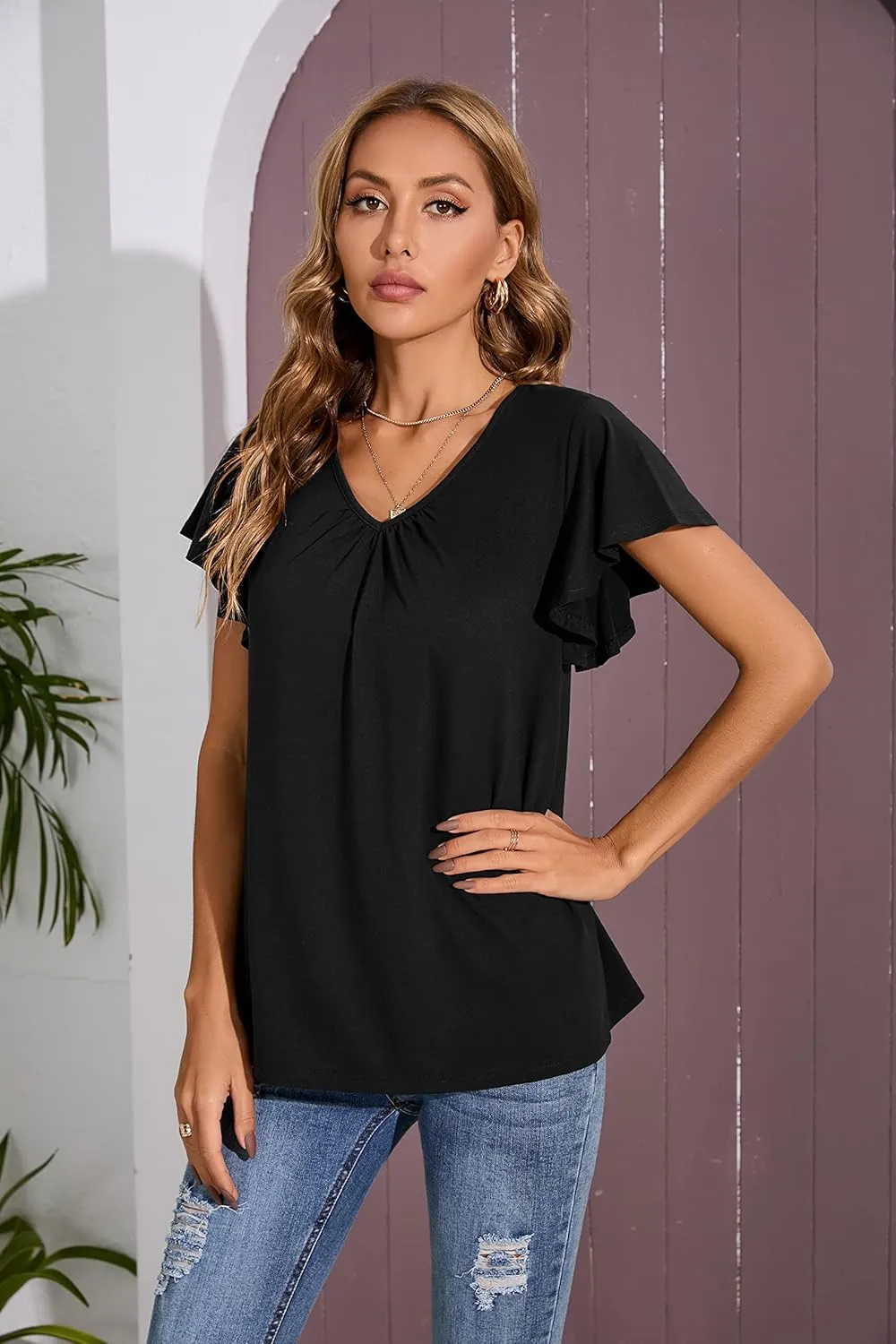 Iandroiy Women's Casual Shirred V-Neck Top Ruffle Short Sleeve Shirts Basic Pleated Top